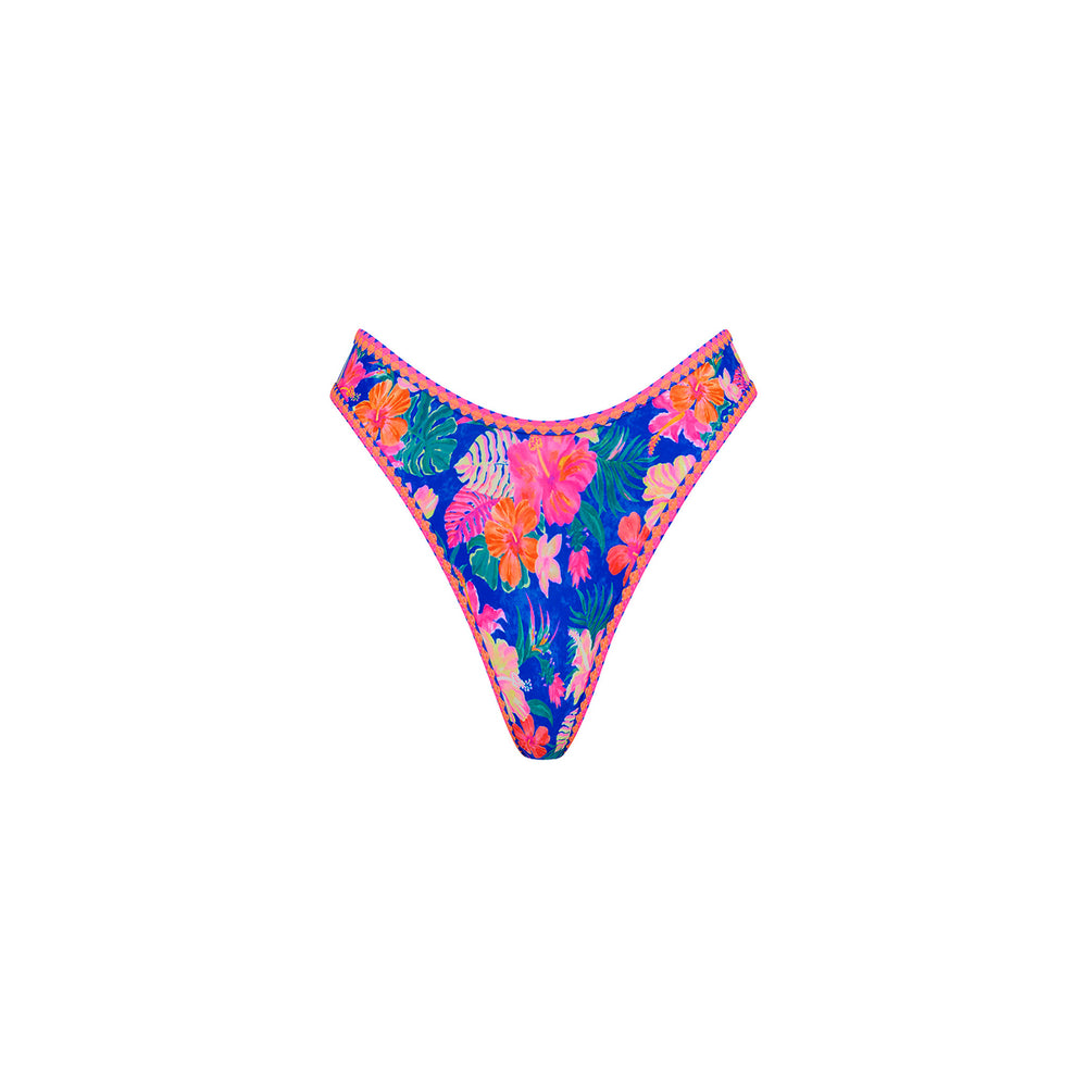High Leg Thong Bikini Bottom - Electric Palms