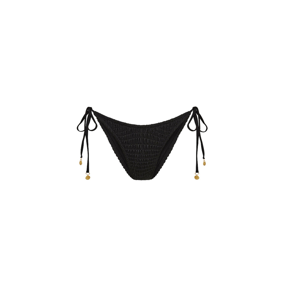 Shirred Dipped Cheeky Tie Bikini Bottom - Twilight Black