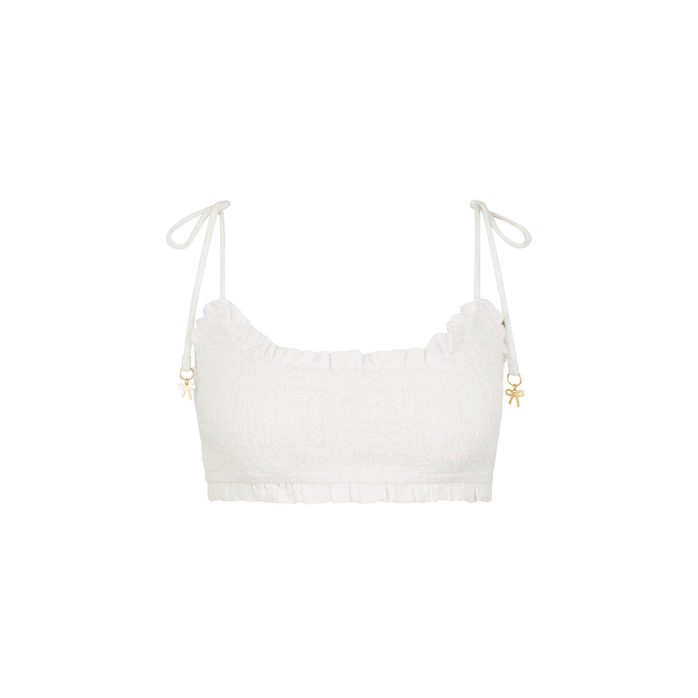 Ruffle Shirred Tie Crop - White