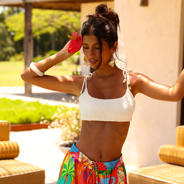 Simple Shirred Tie Crop - Natural White