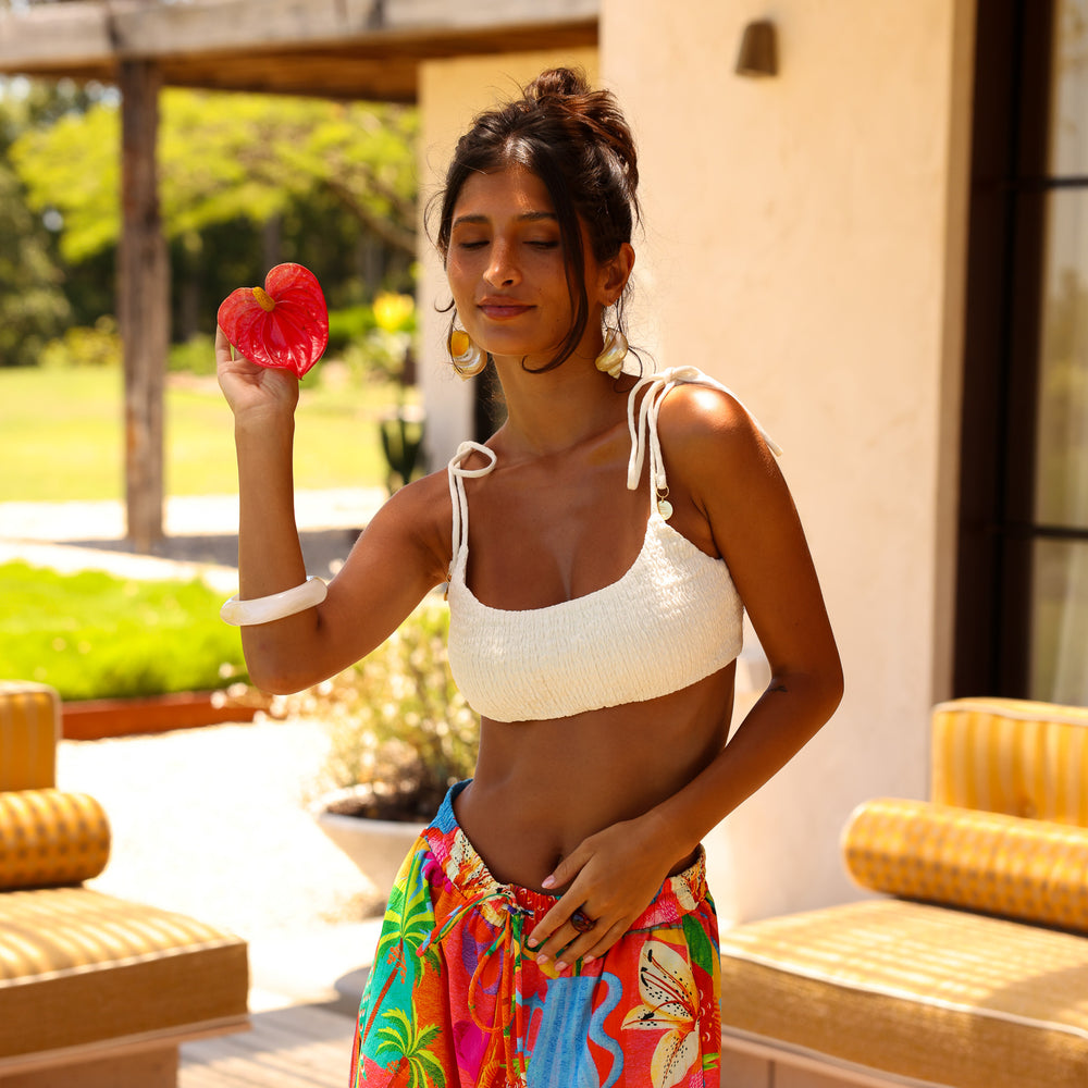 Simple Shirred Tie Crop - Natural White