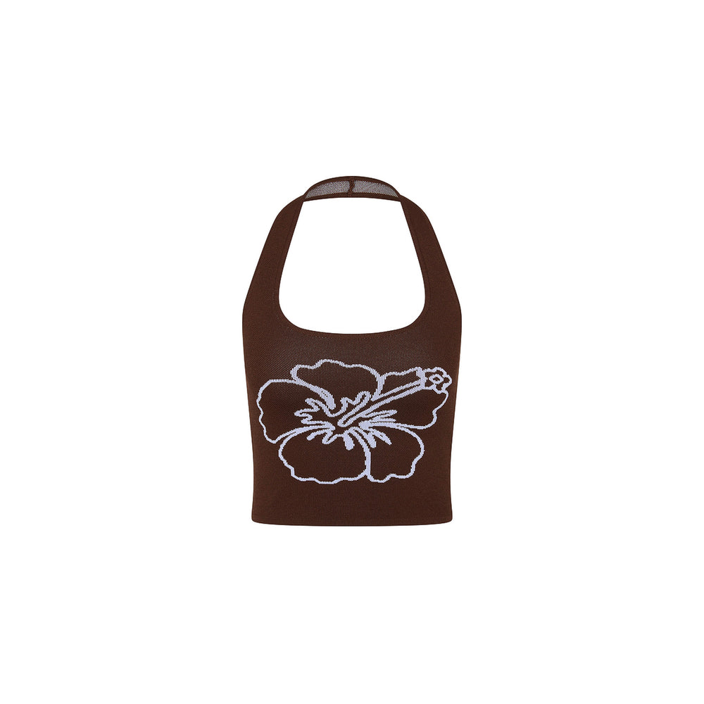 Knit Halter Tank Top - Espresso Bloom