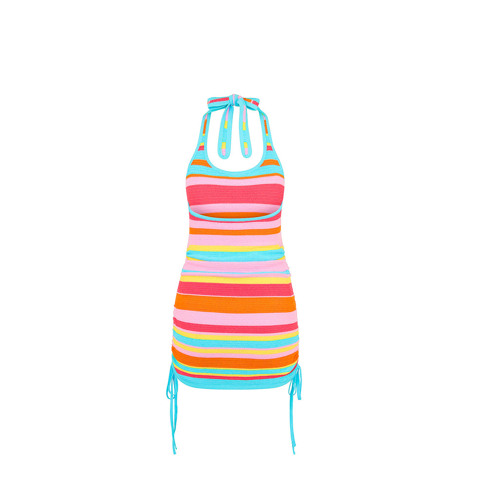 Drawstring Halter Knit Dress - Sunset Strip Striped Large Kulani Kinis Drawstring Halter Knit Dress - Sunset Strip Striped Large Kulani Kinis