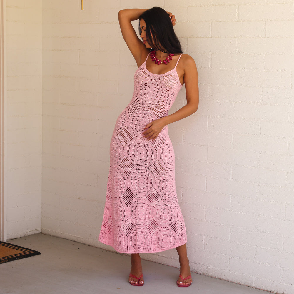 knit crochet maxi dress Kulani Kinis Pocket Pink Crochet Lace Knit Maxi Dress, Extra Small