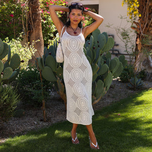 kinsey crochet detail maxi dress Lace Knit 5/2/25 White Classy midi dress Spaghetti strap crochet maxi Size:10M