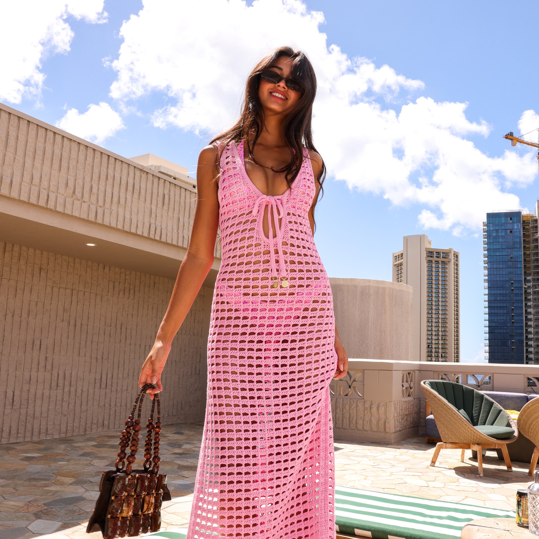 Crochet Plunge Maxi Dress - Bubblegum –Kulani Kinis