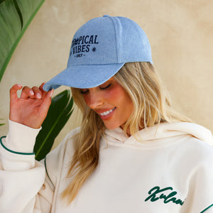 Denim Embroidered Cap - Tropical Vibes