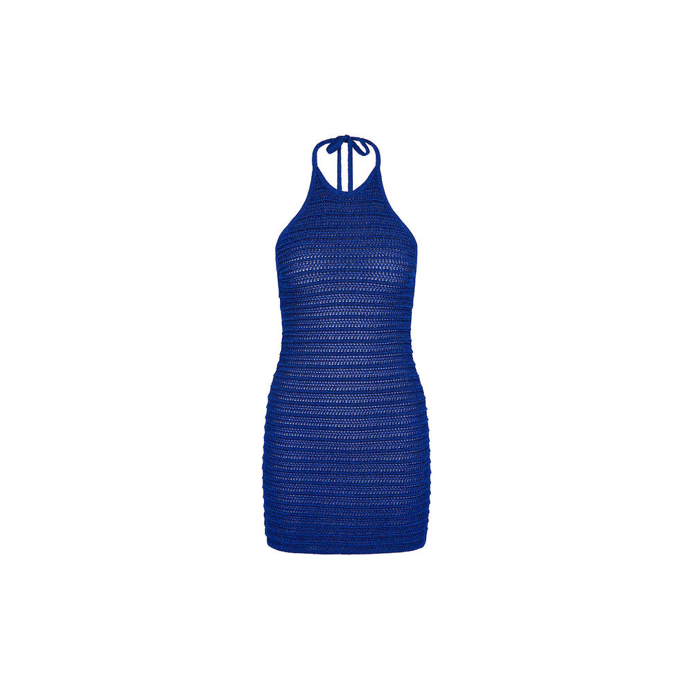 Metallic Knit Halter Mini Dress - Blue Lagoon