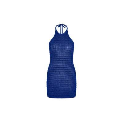 Metallic Knit Halter Mini Dress - Blue Lagoon