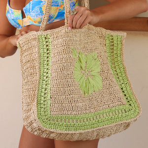 Hibiscus Straw Tote Bag - Pine Lime