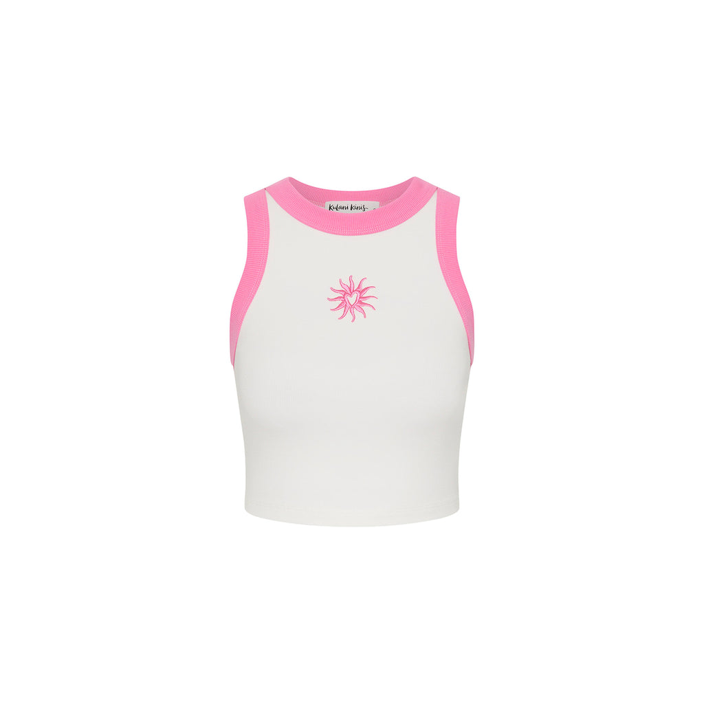 Embroidered Crop Tank Top - Pink Skies