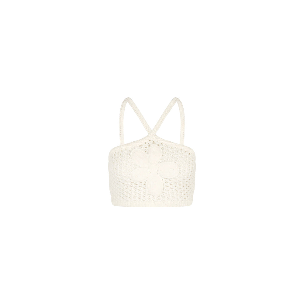 Applique Knit Halter Crop - Whipped White