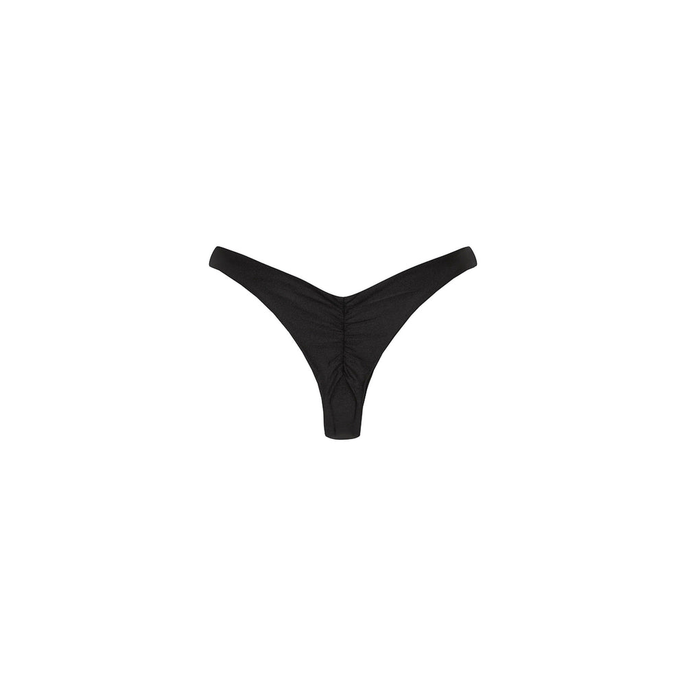 Gathered Deep V Thong Bikini Bottom - Twilight Black