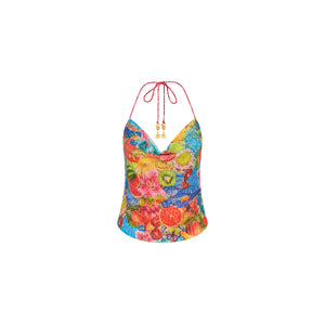 Sequin Cowl Halter Neck Top - Cherry Spritz