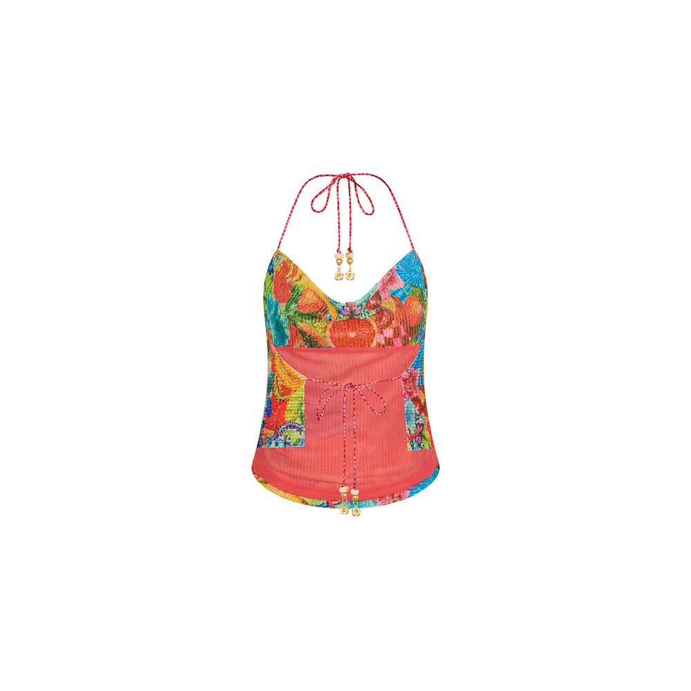 Sequin Cowl Halter Neck Top - Cherry Spritz