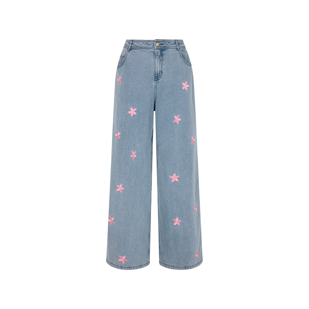 Straight Leg Embroidered Jean - Blossom Sky