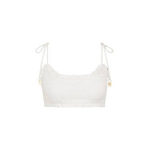 Ruffle Shirred Tie Crop - White