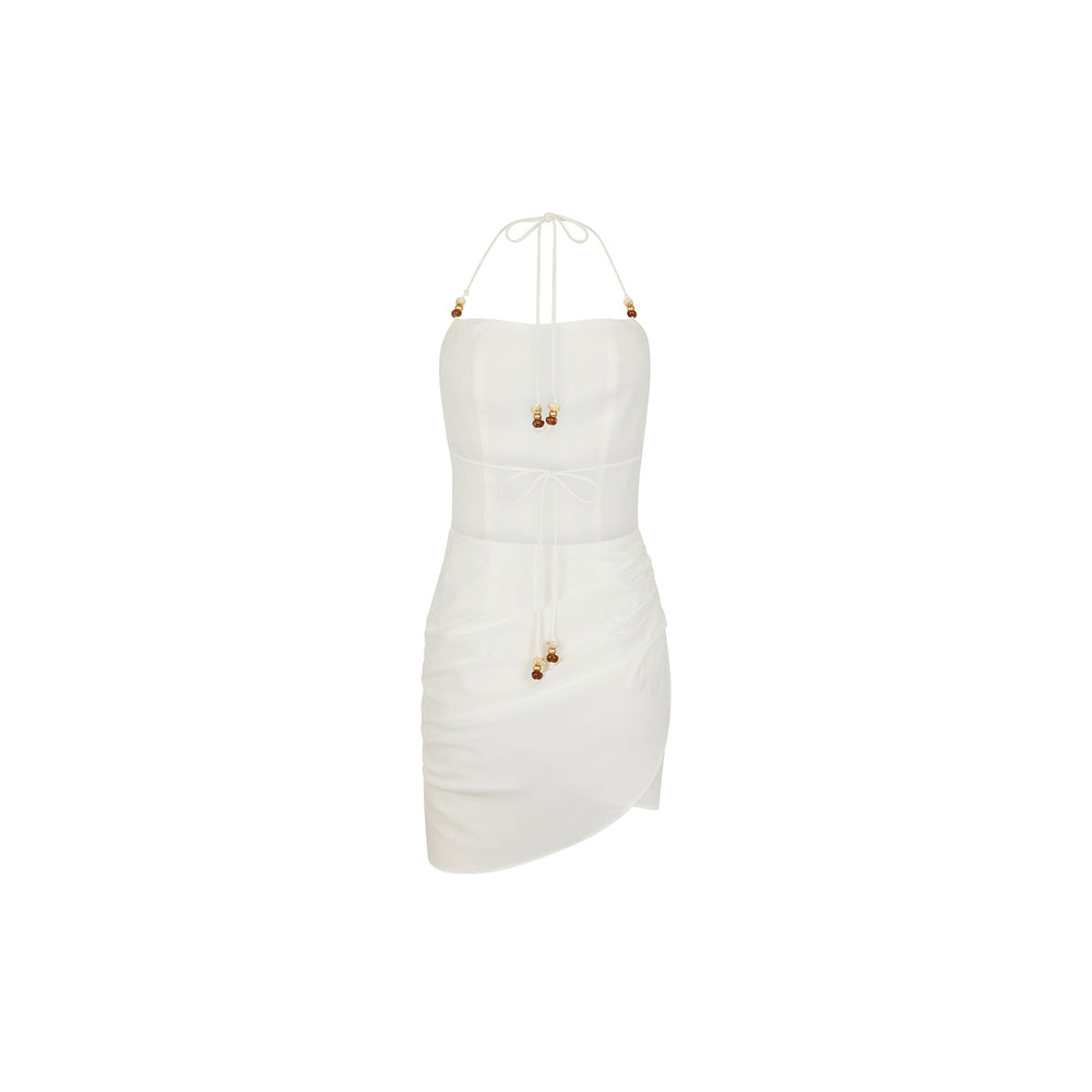 white ruched drawstring dress High Society Ruched Drawstring Ruffle Hem Textured Mini Dress Steel Wh