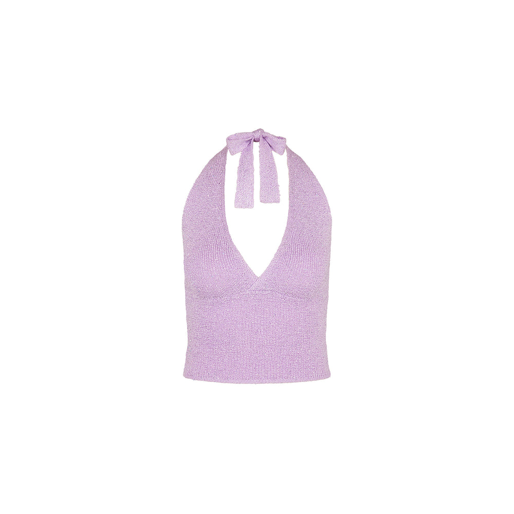 Retro Tie Halter Knit Top - Lilac Glimmer