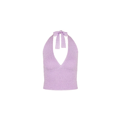 Retro Tie Halter Knit Top - Lilac Glimmer
