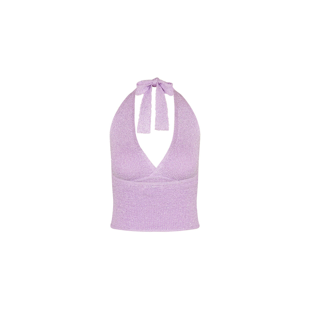 Retro Tie Halter Knit Top - Lilac Glimmer