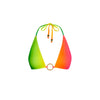 Colorful bikini top with green, yellow, and pink gradient on a white background