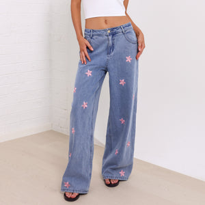 Straight Leg Embroidered Jean - Blossom Sky