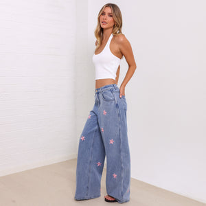 Straight Leg Embroidered Jean - Blossom Sky