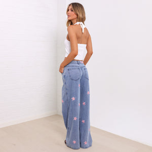 Straight Leg Embroidered Jean - Blossom Sky