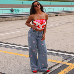 Straight Leg Embroidered Jean - Blossom Sky