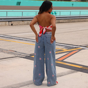 Straight Leg Embroidered Jean - Blossom Sky