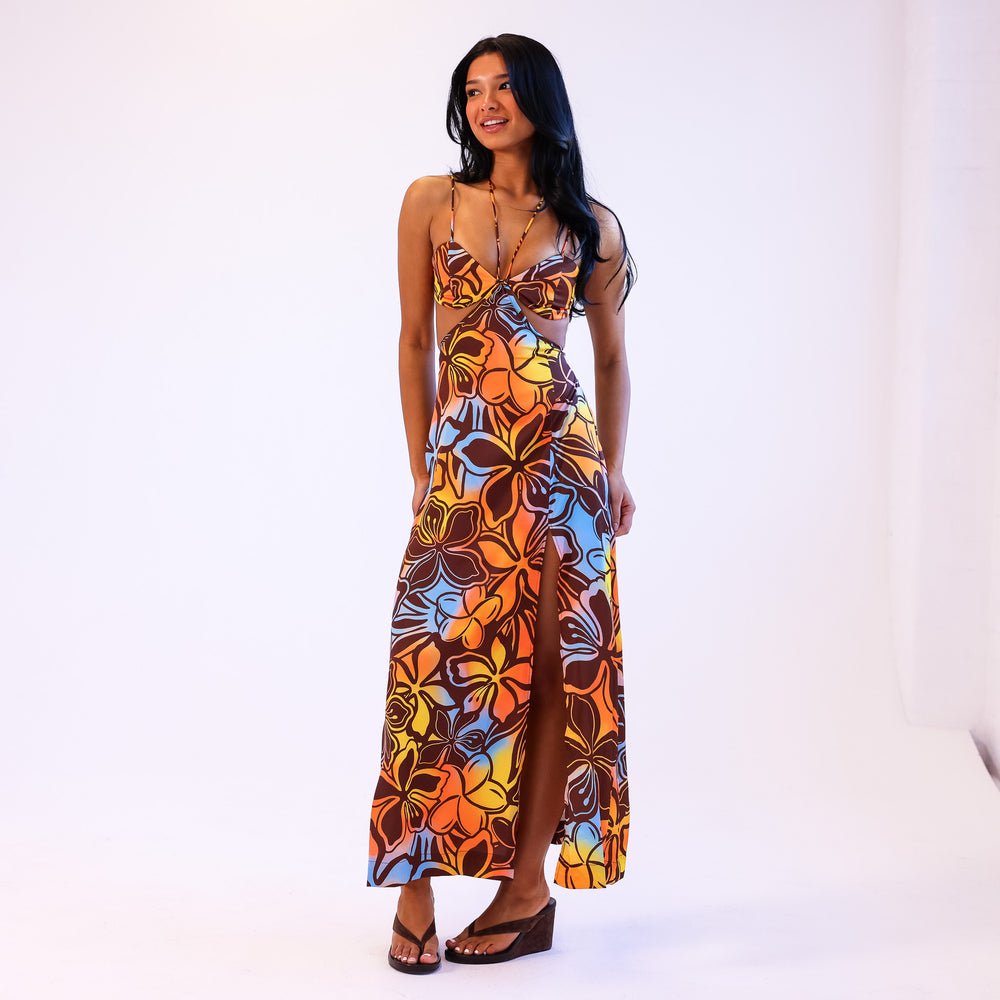 strappy cut out maxi dress Halterneck Cross Over Strappy Cut Out Frill Detail Maxi Dress In Blue Ombre | EGO US