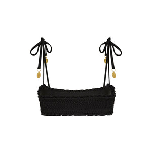 Shirred Crop Tie Bikini Top - Twilight Black