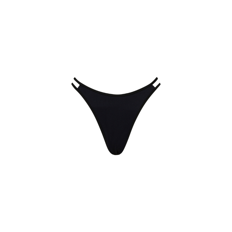Twin Strap Cheeky Bikini Bottom - Pitch Black Ribbed
